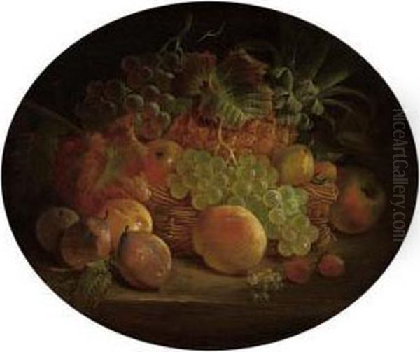 Apples, Pears, Strawberries, Grapes And A Pineapple On A Table With A Wicker Basket Oil Painting by William E.D. Stuart