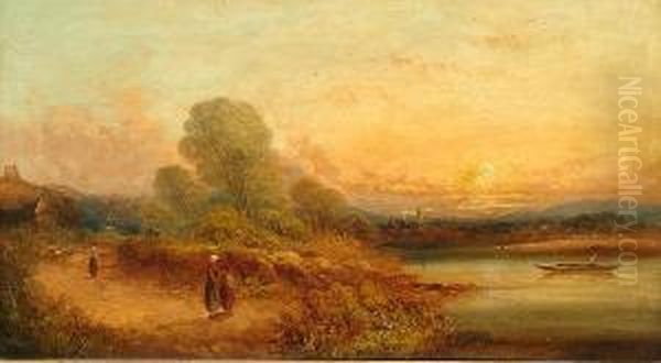 An Extensive River Landscape With Boating; An Extensive River Landscape With A Hay Cart Oil Painting by Ralph I Stubbs