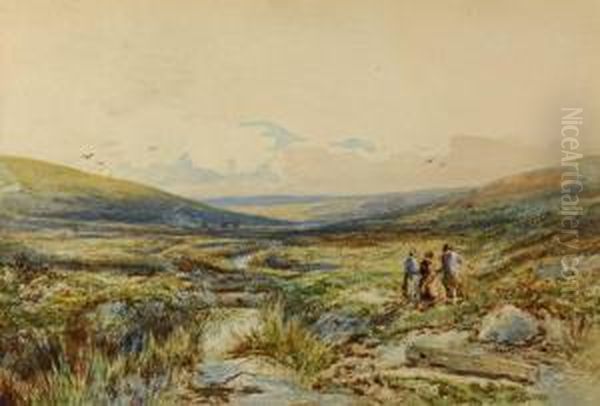 Three Figures By A Moorland Stream In A Panoramic Landscape Oil Painting by Ralph R. Stubbs