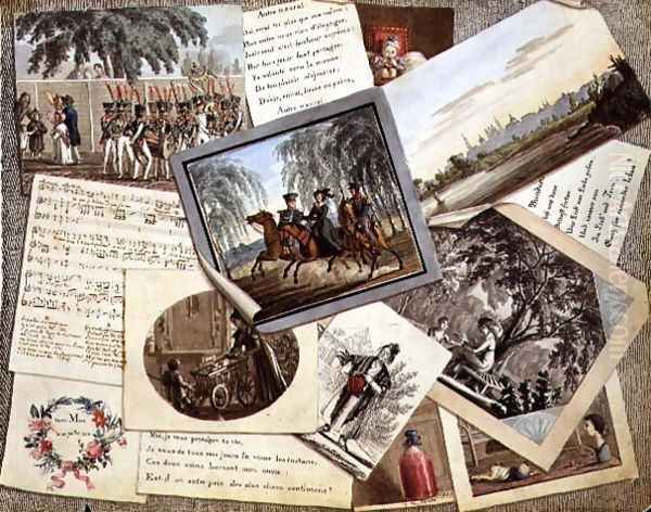 Trompe loeil collage of sheet music, greeting cards and poems, c.1821 Oil Painting by Anonymous Artist