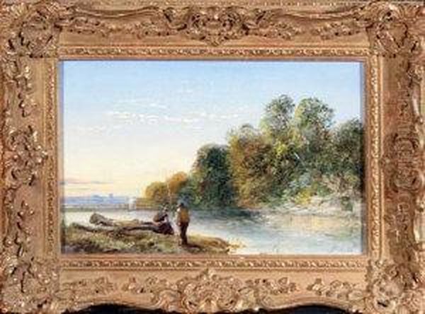 On The Wharfe - An Angler And His Wife At The Riverbank Oil Painting by Ralph R. Stubbs