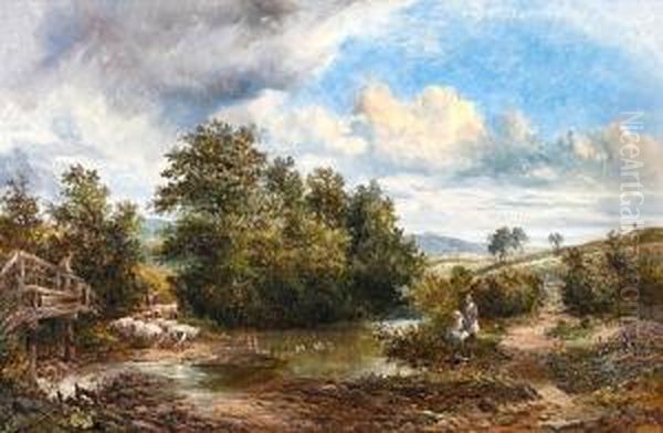 Rural Scene With Figures And Sheep Nearing A Ford Oil Painting by Ralph R. Stubbs