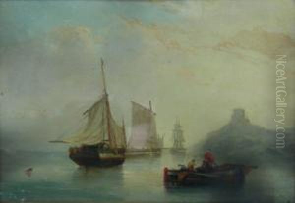 Sailing Barges Off The Coast Oil Painting by Ralph R. Stubbs