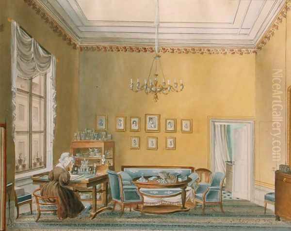 Interior of Boratynskys House in Moscow, 1830s Oil Painting by Anonymous Artist