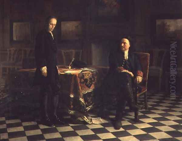 Peter I interrogating Tsetarevitch Aleksei Petrovich in Petershof, 1871 Oil Painting by Anonymous Artist