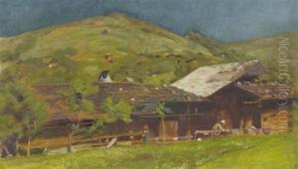 A Farm Oil Painting by Ernst Stuckelberg