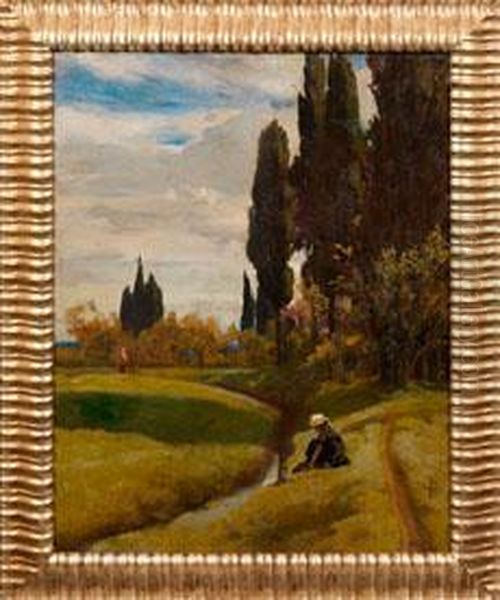 Sudliche Landschaft Mit Zypressen Oil Painting by Ernst Stuckelberg