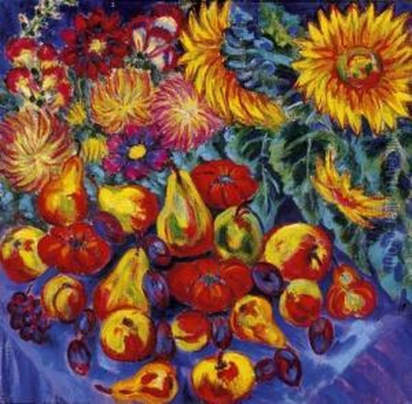 Sunflowers, Chrysanthemums And Fruit Oil Painting by Stanislaw Stuckgold