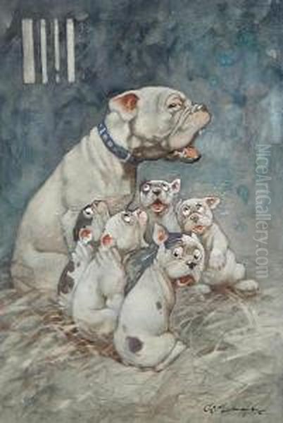 Dog With Five Puppies Oil Painting by George Ernest Studdy