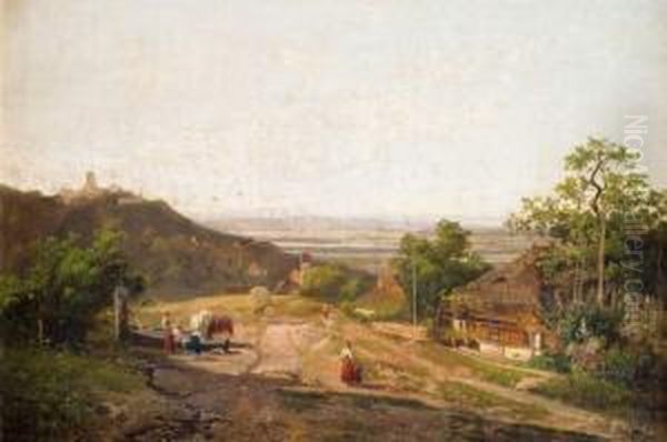 Pejzaz Z Zamkiem Neu-bechburg Oil Painting by Bernhard Studer