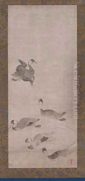 Waterfowl, one of a pair of hanging scrolls, Edo period Oil Painting by Anonymous Artist