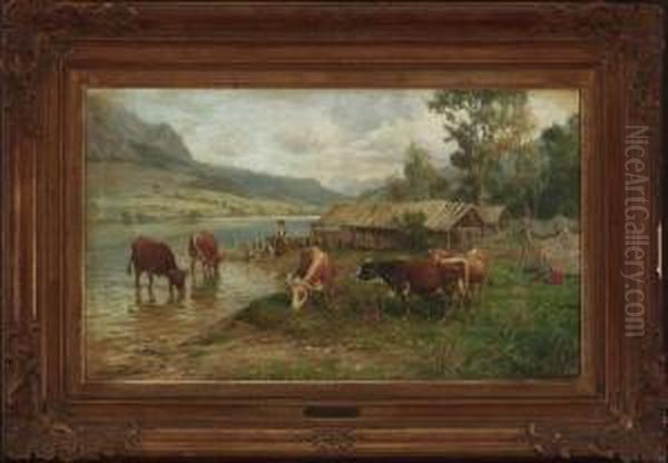 Bauernkinder Mit Kuhen Am Seeufer. Oil Painting by Karl Stuhlmuller