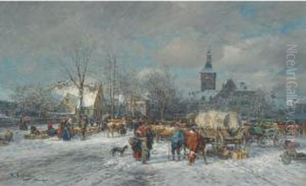 A Village Market Oil Painting by Karl Stuhlmuller