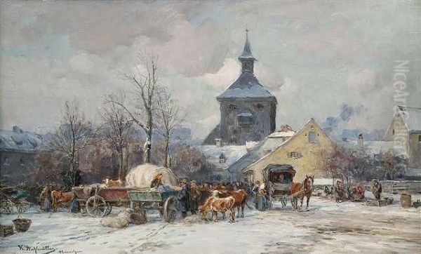 Wintry Cattlemarket In A Bavarian Village. Oil Painting by Karl Stuhlmuller