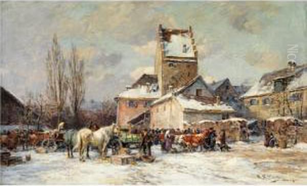 Winterliche Marktszene Vor Dachau Oil Painting by Karl Stuhlmuller