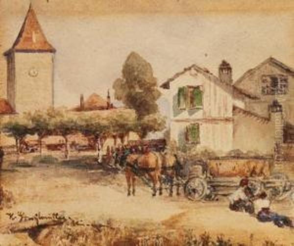 Pferdefuhrwerk Auf Einem Dorfplatz Oil Painting by Karl Stuhlmuller