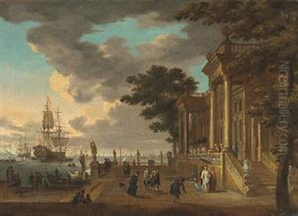 A Capriccio View With Elegant Figures By A Classical Building With Shipping Beyond Oil Painting by Johann Georg Stuhr