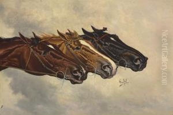 Head Studies Of Three Racehorses: Henry Of Navarre, Monitor Anddomino Oil Painting by Henry Stull