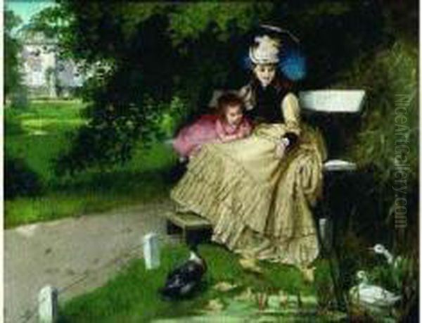 Dans Le Parc Du Chateau : Femme Et Sa Fille Devant Une Mare Animee Aux Canards Oil Painting by Friedrich Franz Ma. Stummel