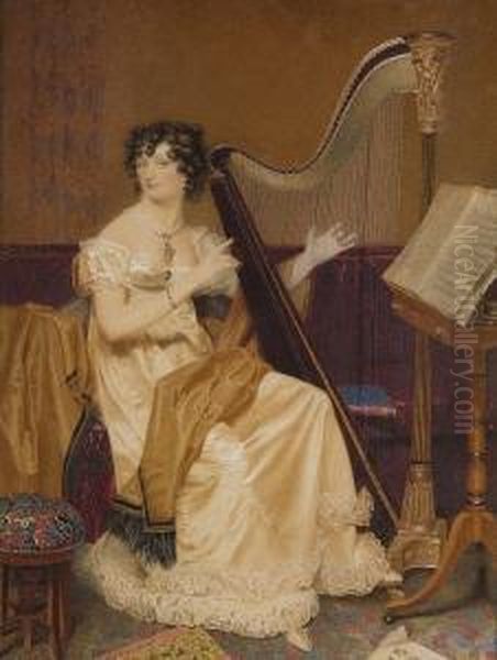 Portrait Of A Lady At Her Harp Oil Painting by Samuel John Stump