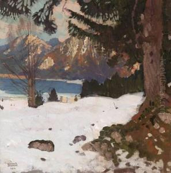 A Winter Lakeside Landscape-1912 Oil Painting by Wilhelm Stumpf