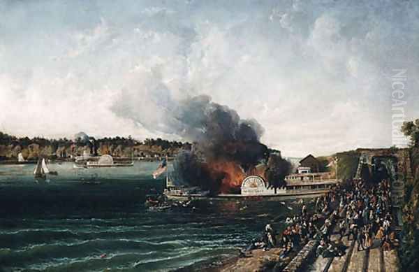 Burning of the Sidewheeler Henry Clay 1854 Oil Painting by Anonymous Artist