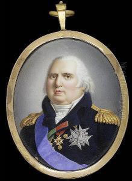 Louis Xviii (1755-1824), King Of France (1814-24), Wearing Dark Blue Coat With Gold Epaulettes, Blue Sash And Breast Star Of The Order Of The Saint-esprit, Badge Of The Royal French Order Of Saint-louis And Another Medal On A Green Ribbon Oil Painting by Pierre Henri Sturm