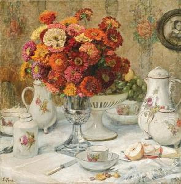 Porcelain And Zinnias Oil Painting by Ludwig Stutz