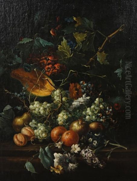 Still Life Of Grapes, A Pumpkin, Pomegranates, Primroses And Other Flowers On A Table Ledge Oil Painting by Ernst Stuven