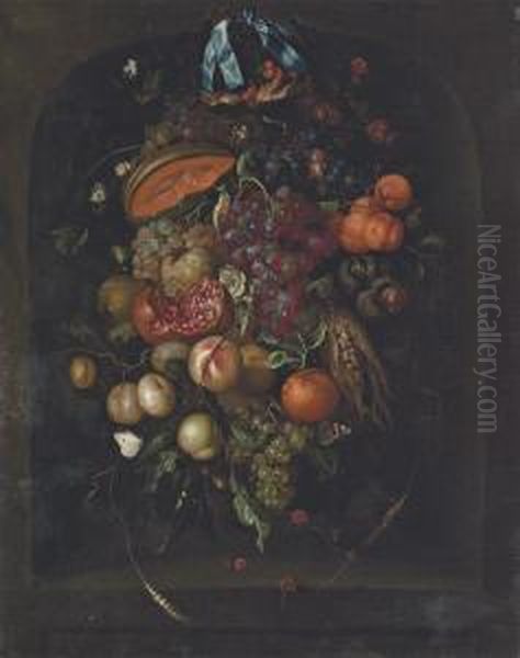 Grapes, Pomegranates, Apricots And Other Fruit In A Niche Oil Painting by Ernst Stuven