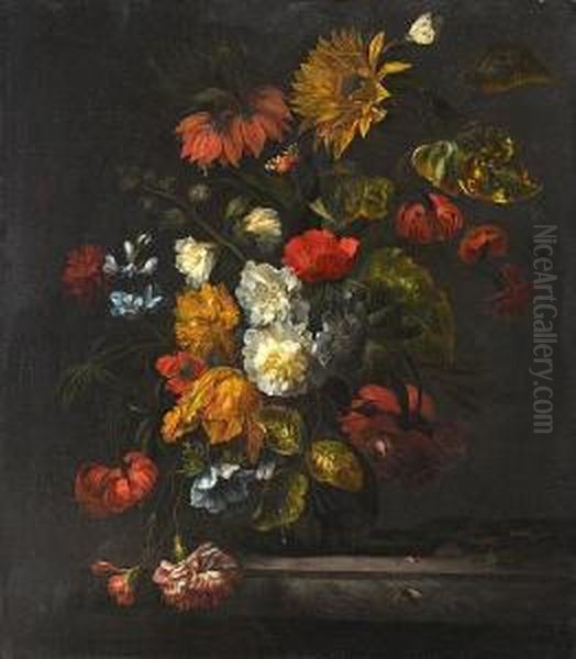 A Sunflower, Carnations, Roses, Tulips Andother Flowers In A Glass Vase On A Marble Ledge Oil Painting by Ernst Stuven