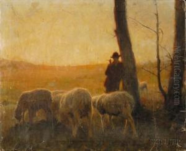 Herder And His Flock At Dusk. Oil Painting by Tade Styka