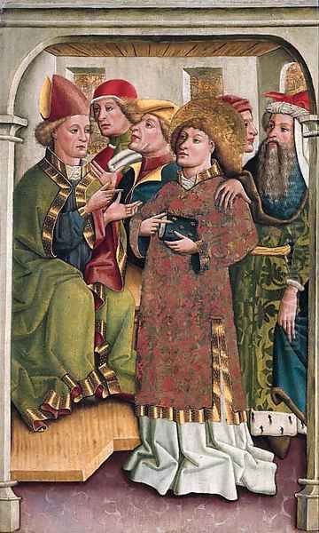 Saint Stephen in Dispute with the High Court - a wing of an altarpiece Oil Painting by Anonymous Artist