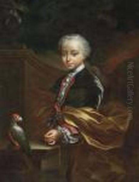 Portrait Of A Young Boy, Three-quarter-length, In A Blue Coat And Gold Wrap, A Chain In His Left Hand, Beside A Parrot, In A Classical Garden Oil Painting by Pierre Subleyras