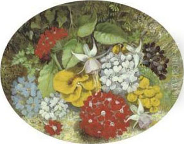 Primula And A Pansy, On A Mossy Bank; And Primrose, Hawthorn Berries And A Mushroom, On A Mossy Bank Oil Painting by Joseph Such