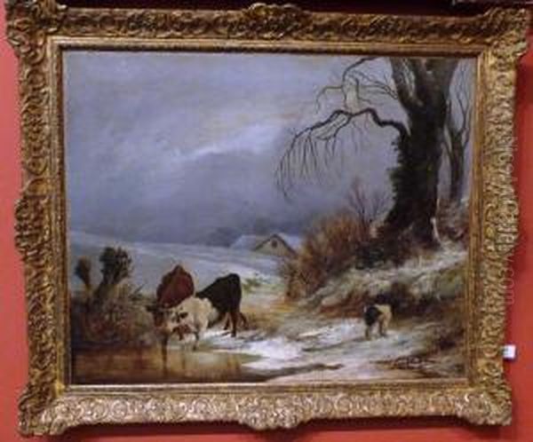 Winter Landscape, With Cattle Beside A Pond, A Dog Nearby Oil Painting by William Thomas Such