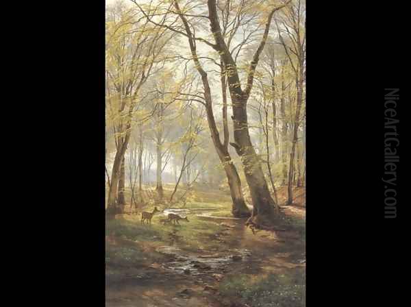 A Woodland Scene With Deer (or A Grassy Knoll) Oil Painting by Carl Frederick Aagaard