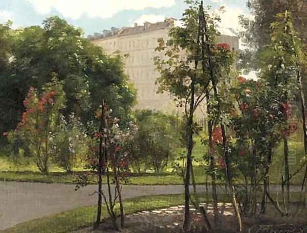 A colonnade on the edge of a park with roses in bloom Oil Painting by Carl Frederick Aagaard