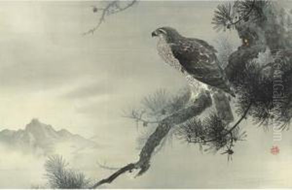 Hawk On Pine Oil Painting by Kano Sueyori