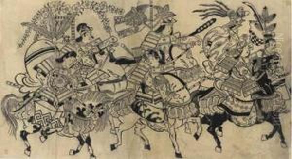 Sumizuri-e Of A Cavalcade Of Five Female Warriors In Festival Oil Painting by Jihei Sugimura