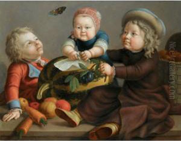 A Group Portrait Of The Artist's Three Sons, Seated On A Stone Ledge With Fruit Oil Painting by Johann Heinrich Suhrland