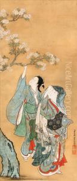 Beauties Admiring A Flowering Cherry Oil Painting by Nishikawa Sukenobu