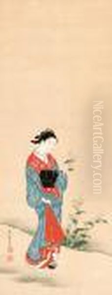 Courtesan Holding A Flower Oil Painting by Nishikawa Sukenobu