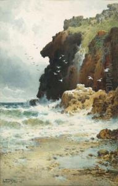 Waves Crashing Against Cliffs Oil Painting by Arthur Suker