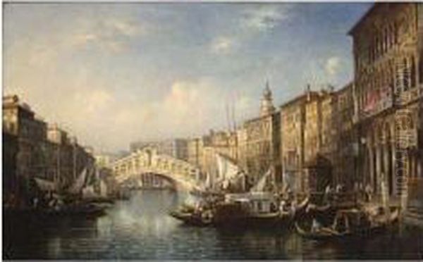 Venice, A View Of The Grand Canal With The Rialto Bridge Oil Painting by Adolf Sukkert