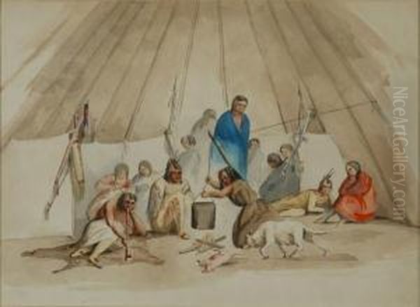 (i) Dakota Indians And Hunting Dogs At Rest: A Double-sideddrawing Oil Painting by Alfred, General Sully