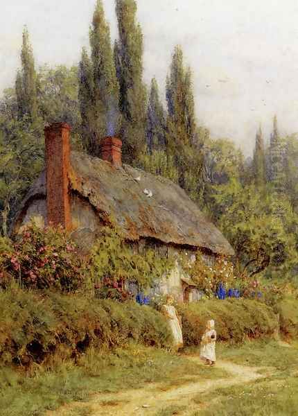 Children On A Path Outside A Thatched Cottage, West Horsley, Surrey Oil Painting by Helen Mary Elizabeth Allingham