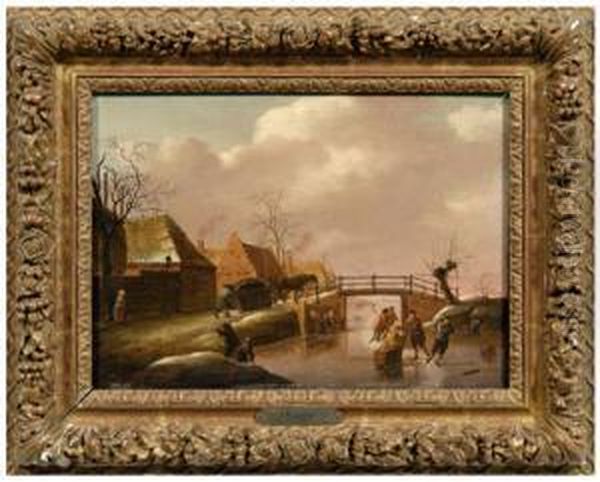 Winter Scene With Skaters On A Frozen Lake Oil Painting by Jan Willem Surmont