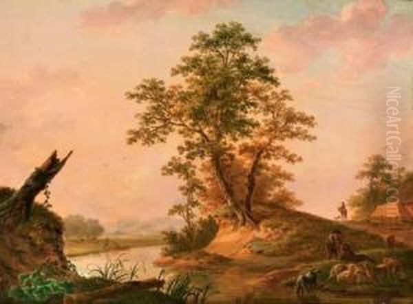 A River Landscape With Shepherds Watering Their Flock Oil Painting by Jan Willem Surmont