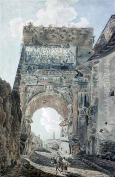 Figures Beneath A Roman Arch Oil Painting by Johan Conra Susemihl